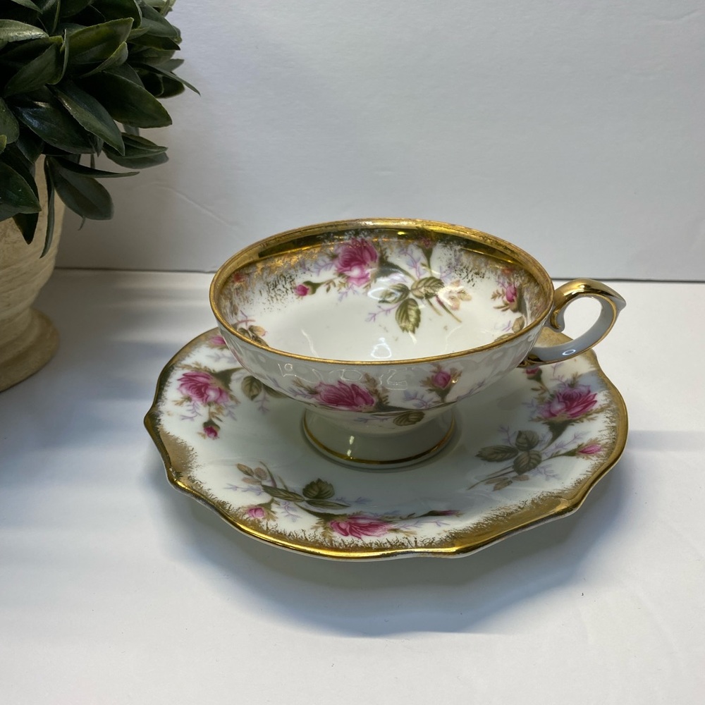 Vintage Royal Sealy Japan Pedestal Teacup and Saucer Iridescent Gold Trim